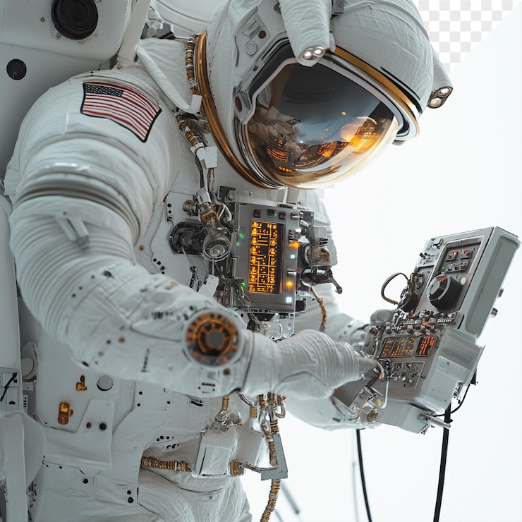 PSD a astronaut in a space suit is holding a space suit