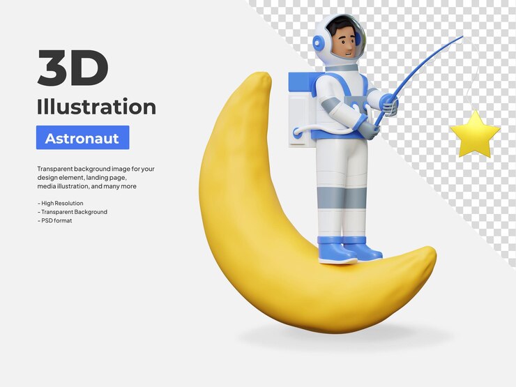PSD astronaut standing in moon while fishing star 3d cartoon illustration