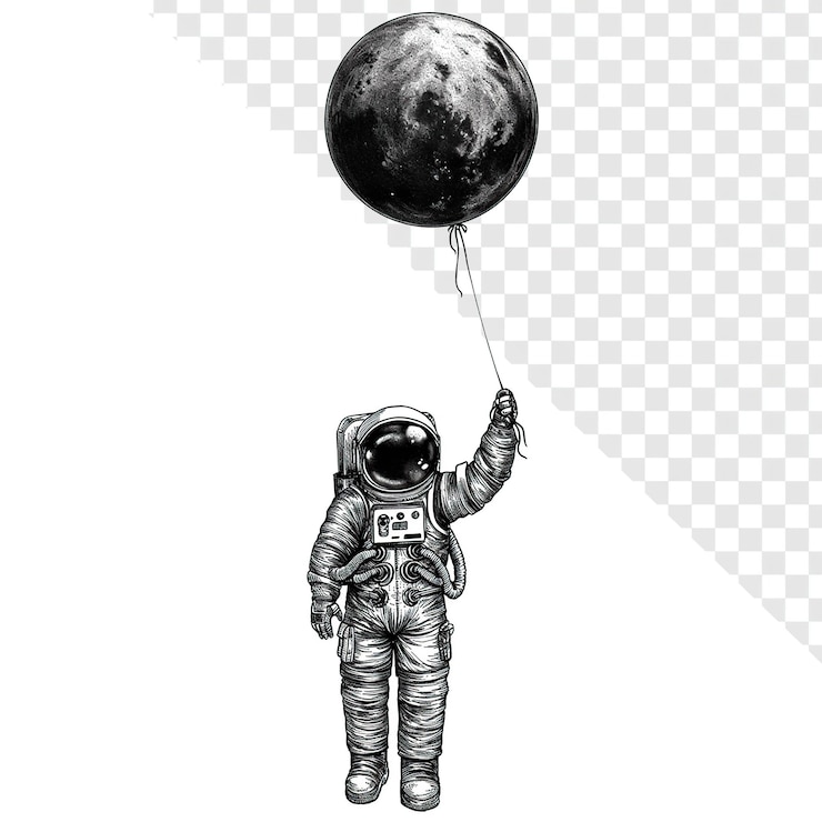 PSD astronaut with moon balloon tattoo design transparent