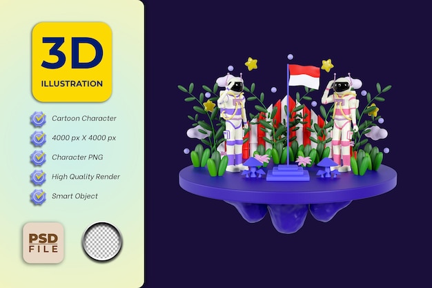 Астронавты приветствуют индонезийский флаг в день независимости индонезии 3d иллюстрация на синем фоне 3d рендеринг