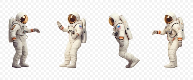 Astronauts in spacesuits set in different poses isolated on transparent background psd