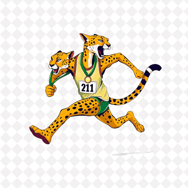 PSD athlete cheetah running with medal in victory pose wearing a jersey 2d flat vivid gold and green co