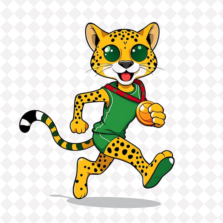 PSD athlete cheetah running with medal in victory pose wearing a jersey 2d flat vivid gold and green co