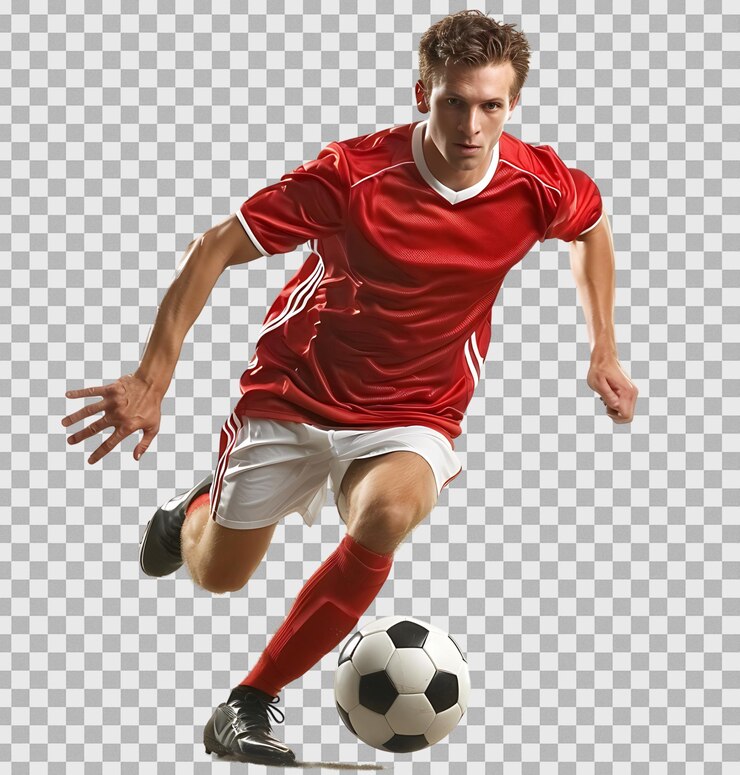 An athlete playing football on isolated transparent background