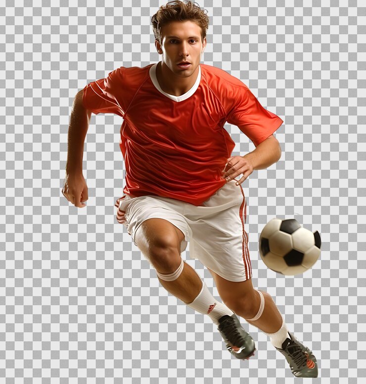 An athlete playing football on isolated transparent background