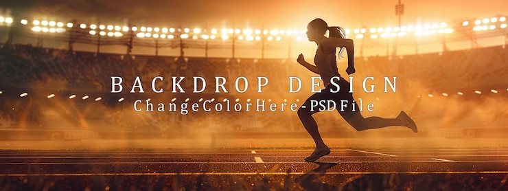 PSD 夕暮れ の 時 の 競技 場 で 走っ て いる アスリート