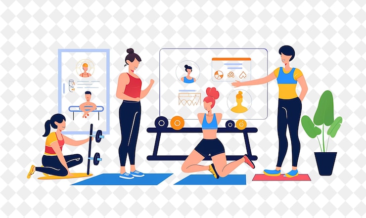 PSD athletic fitness instructor with characters coaching and tra png people in daily work illustration