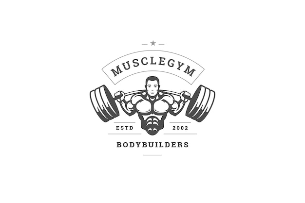 Athletic man training heavy metal barbell vintage premium fitness club logo ontwerp sjabloon
