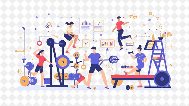 PSD athletic personal trainer with characters working out and co png people in daily work illustration
