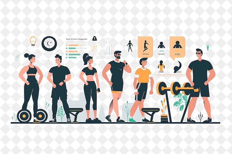 PSD athletic personal trainer with characters working out and co png people in daily work illustration