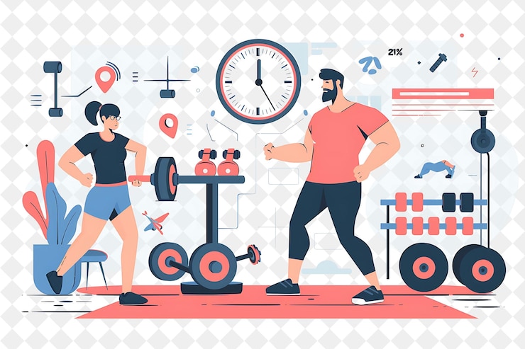 PSD athletic personal trainer with characters working out and co png people in daily work illustration