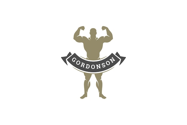 athletic powerful male perform biceps muscles monochrome premium vintage logo design template