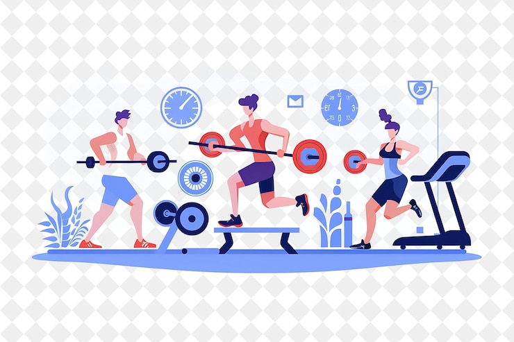 PSD athletic trainer with characters lifting weights and running png people in daily work illustration