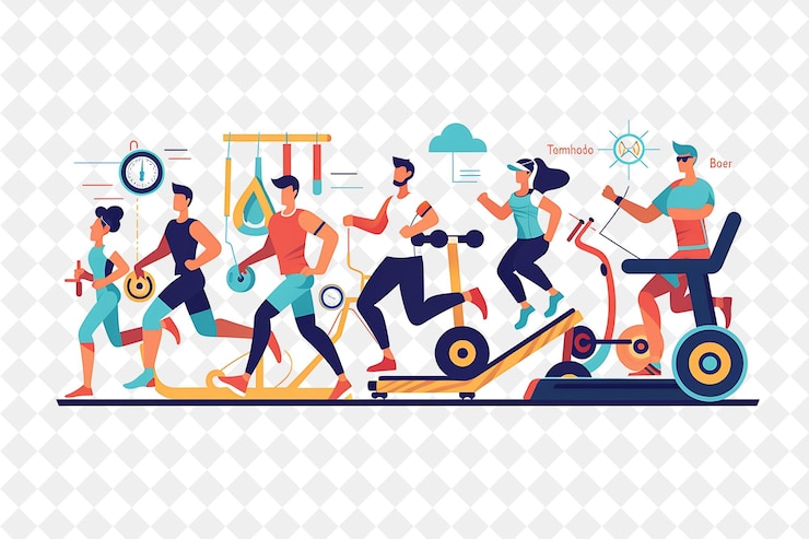PSD athletic trainer with characters lifting weights and running png people in daily work illustration