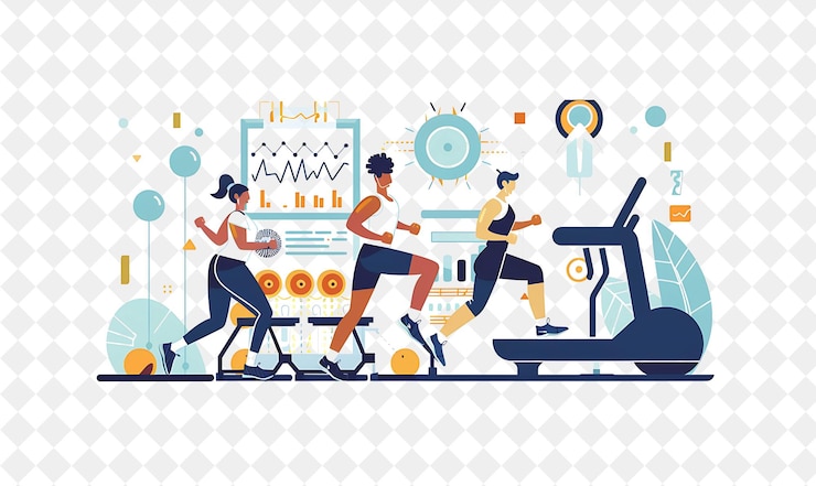 PSD athletic trainer with characters lifting weights and running png people in daily work illustration