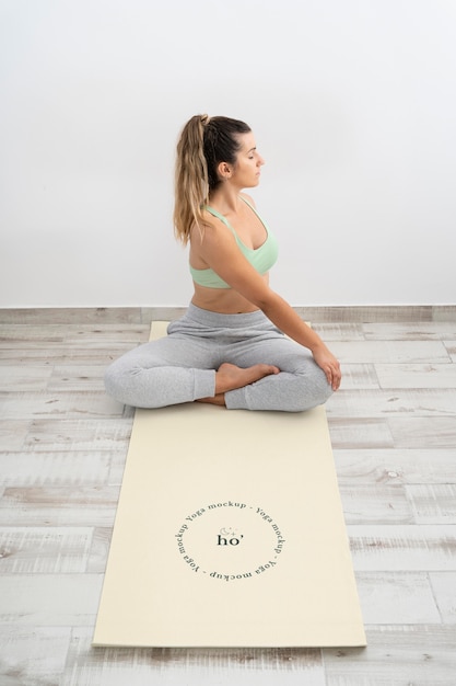 PSD athletic woman doing yoga at home