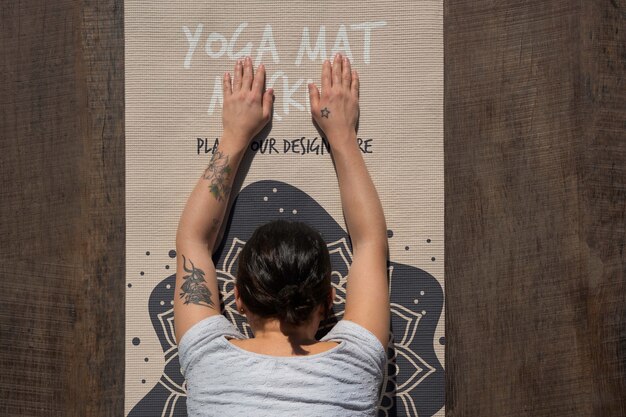 Athletic woman with yoga mat mock-up design