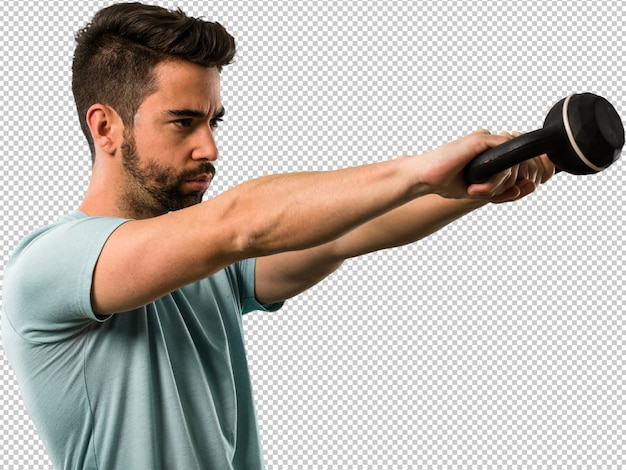 Athletic young man doing exercise dumbbell