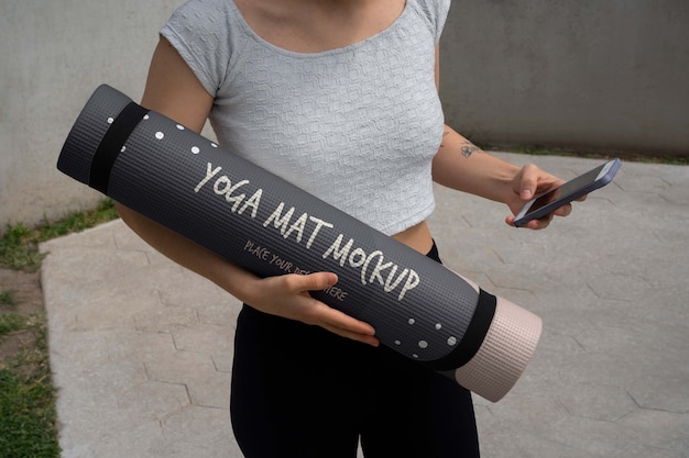 Atletische vrouw met yogamat mock-up ontwerp