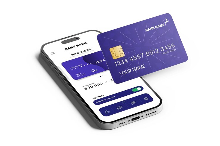 PSD atm bank plastic card with phone screen mobile app user interface realistic mockup