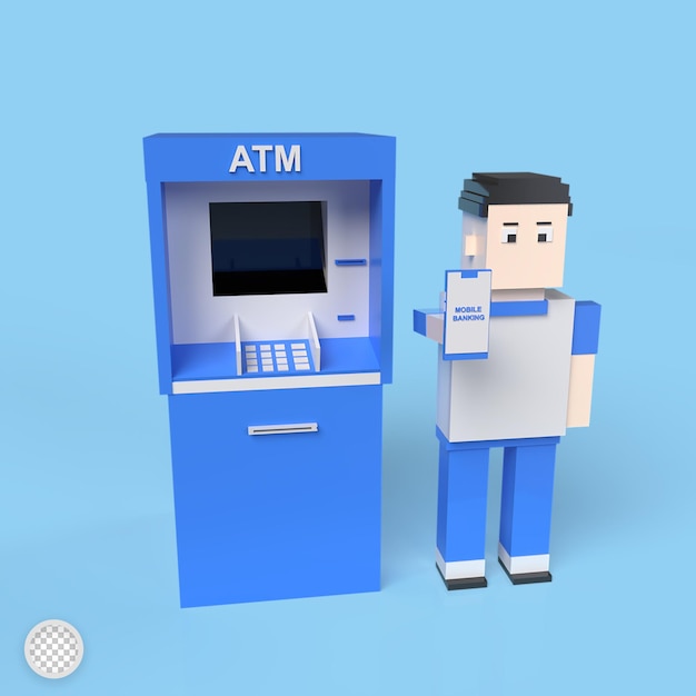 Il bancomat con il concetto di mobile banking 3d rende l'illustrazione