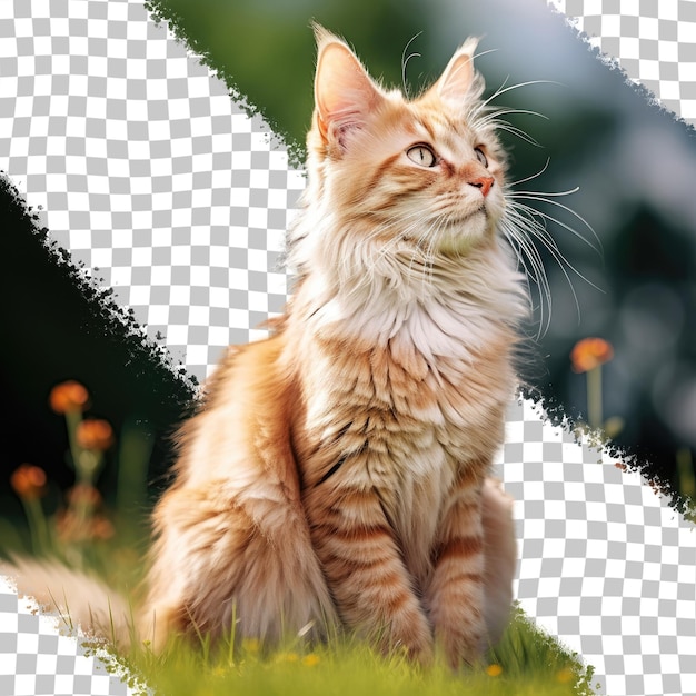 Atrakcyjny pomarańczowy kot Maine Coon wylegujący się w ogrodzie z niezadowolonym spojrzeniem na bok