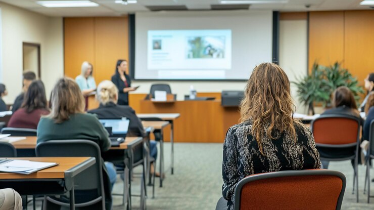 PSD attentive audience listening to a speaker during a presentation in a conference room