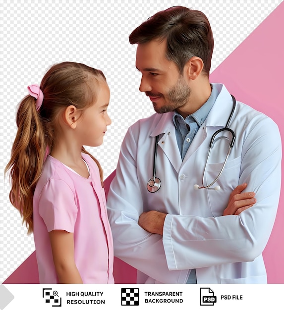 Un medico attento che esamina un paziente pediatrico spaventato davanti a un muro rosa con una camicia bianca e una cravatta nera e grigia con i capelli marroni e un piccolo orecchio visibile mentre png