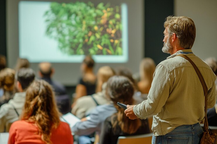 PSD attentive man at a presentation about nature and plants