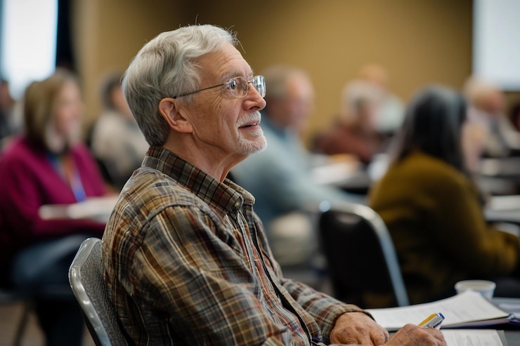 PSD attentive senior man listening intently at a conference seated amongst other attendees