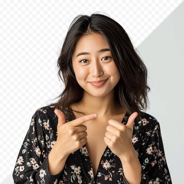 Attractive asian ethnicity female looking at camera smiling with fun gesture on isolated isolated background