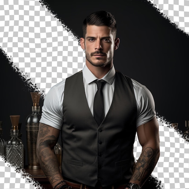 PSD attractive bartender pictured with shaker on transparent background