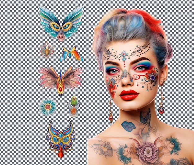 PSD attractive carnival themed temporary tattoos isolated on transparent background