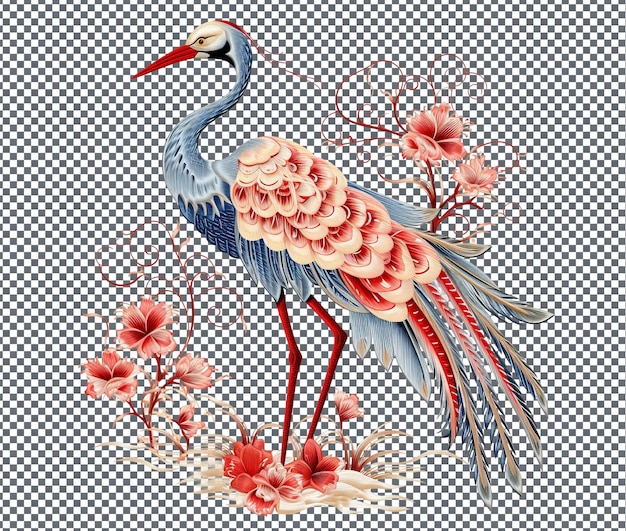 PSD attractive embroidered ao tu with crane patterns isolated on transparent background