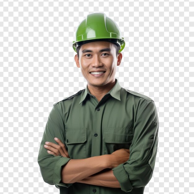 PSD 緑色のハードハットをかぶった魅力的なエンジニア 透明な背景に立って笑顔で腕を交差させている psd