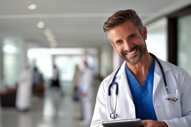 PSD attractive male doctor with a tablet computer