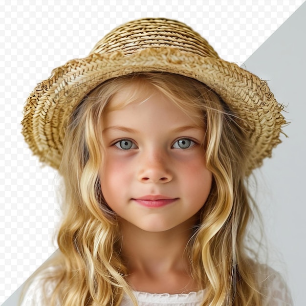 Attraente bambina bionda in età prescolare con un cappello di paglia sta guardando dritto in avanti su uno sfondo bianco isolato bellezza isolata e concetto di moda ritratto da vicino