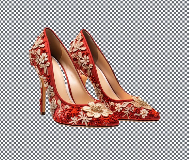 PSD attractive red embroidered bridal shoes isolated on transparent background