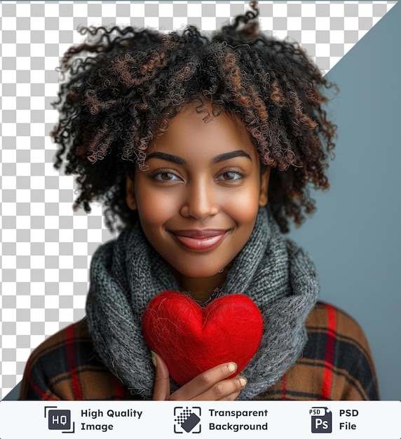 Attractive smiling african american woman with red heart in her hand wearing a gray scarf with brown and blue eyes a large nose and black eyebrows standing in front of a