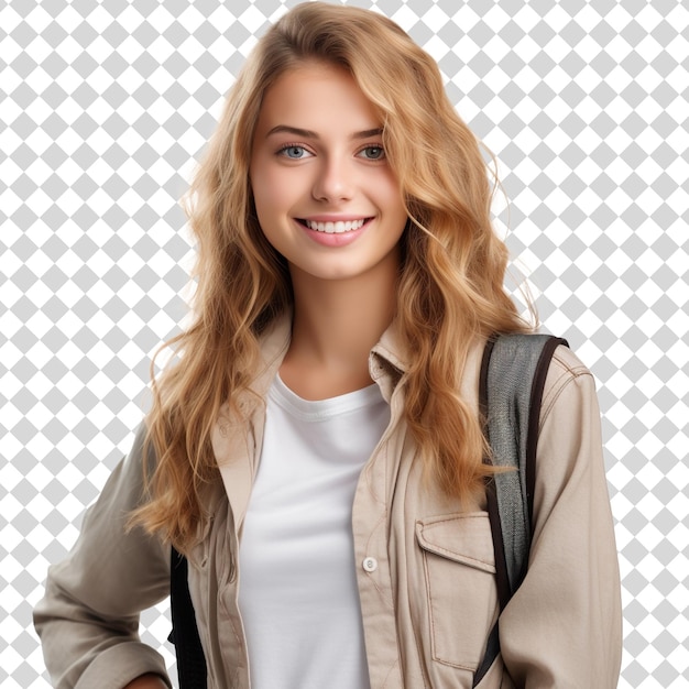 PSD una ragazza universitaria attraente e sorridente isolata su uno sfondo trasparente in formato file psd