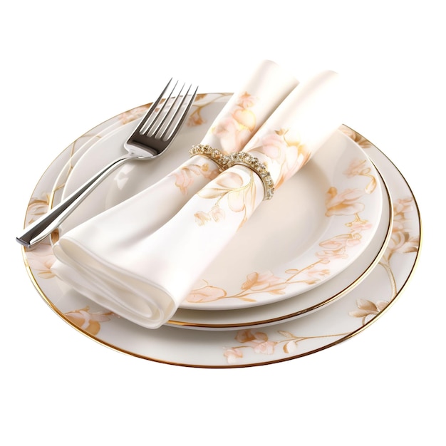 PSD attractive tableware plates napkins with wedding designs isolated on transparent background