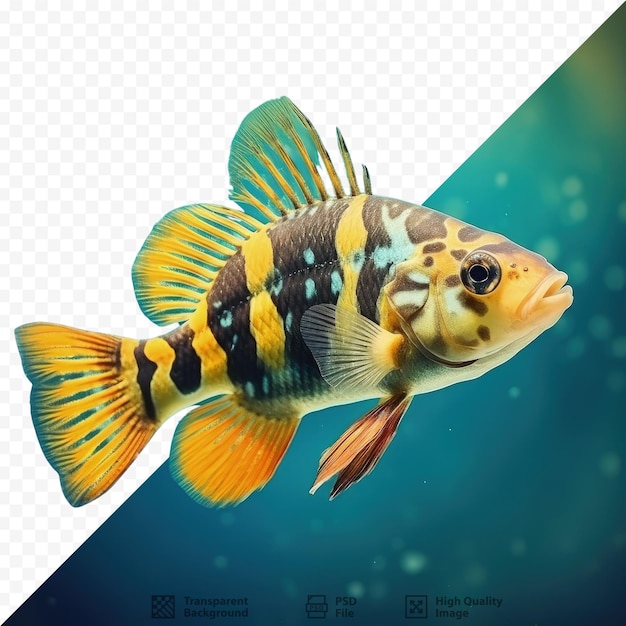 PSD un attraente pesce cichlide a disegno di tigre in un acquario sottomarino
