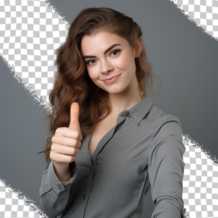 PSD attractive woman giving thumb up on transparent background