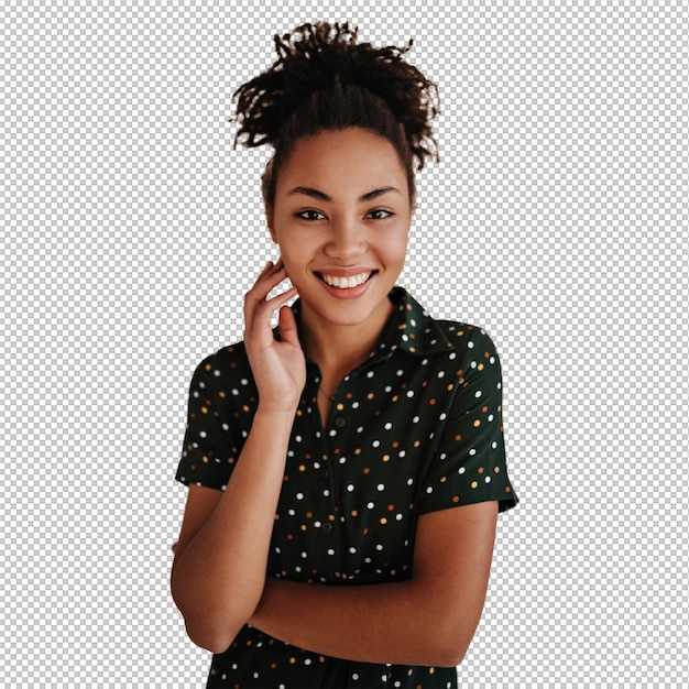 Attractive woman in green outfit looking at front