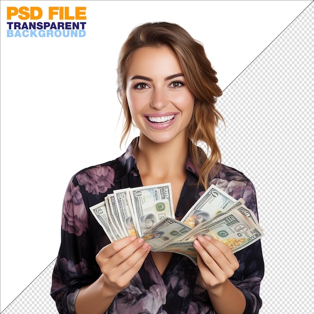 PSD attractive woman holding bank notes on transparent background