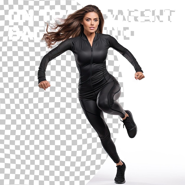 PSD 黒いスポーツウェアを着た魅力的な女性が透明の床で孤立して運動しています