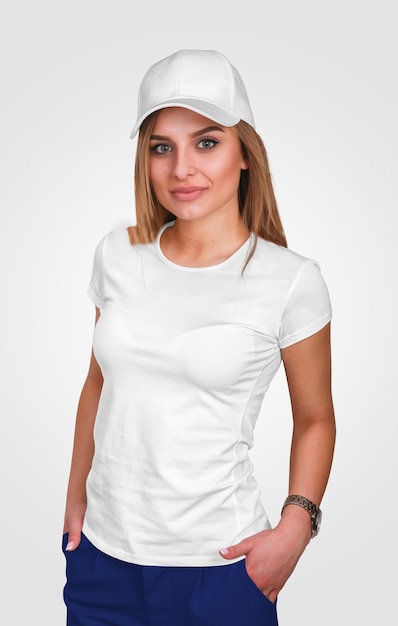 白いTシャツ白いキャップ青いズボンを着た魅力的な女性