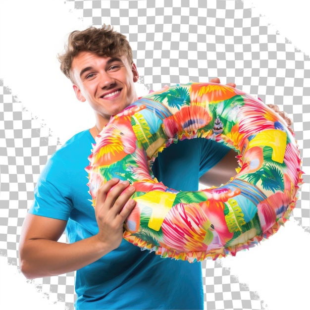 Attractive young man in swimwear with colorful inflatable ring on transparent background