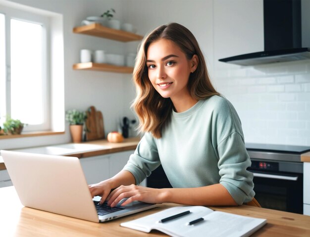 PSD attractive young woman working on a laptop early in the morning