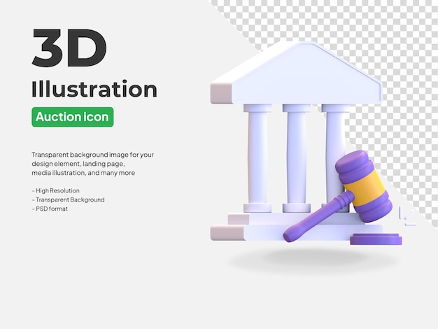 PSD auction house with wooden gavel auction icon 3d rendered illustration